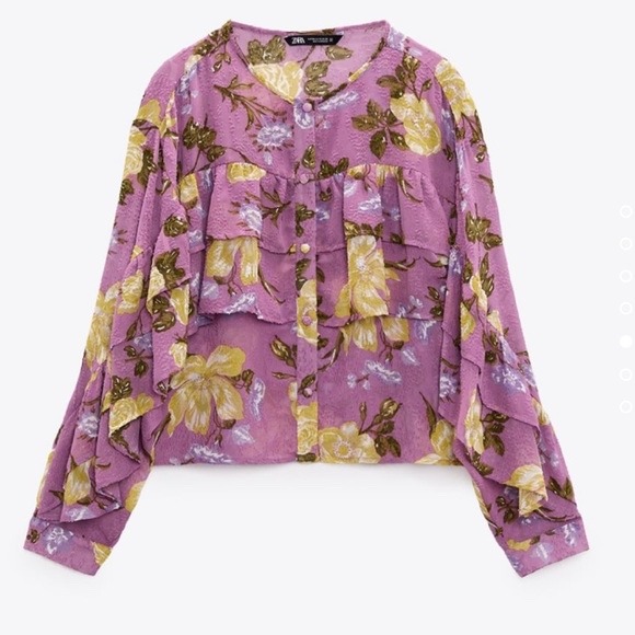 Zara Floral Ruffle Blouse Purple Yellow Long Sleeve Button Up Women's Large
